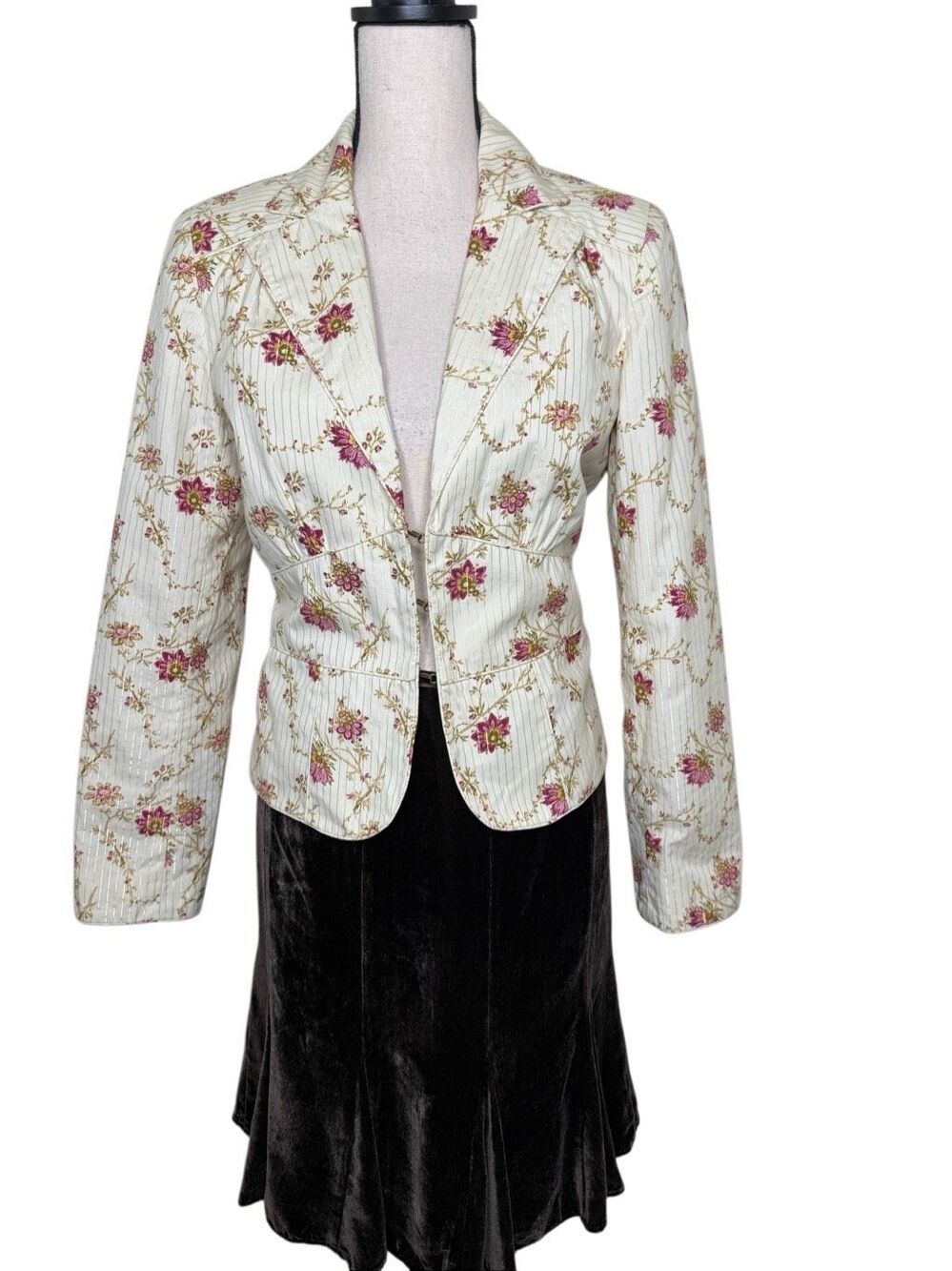 Vintage W Work to Weekend Blazer Cream Floral Back Lace Up Sz 8 Cottagecore, Y2K